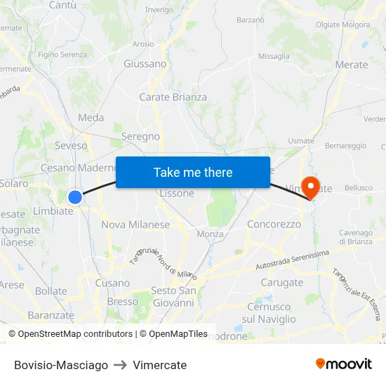 Bovisio-Masciago to Vimercate map