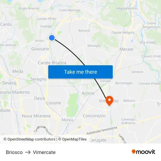 Briosco to Vimercate map