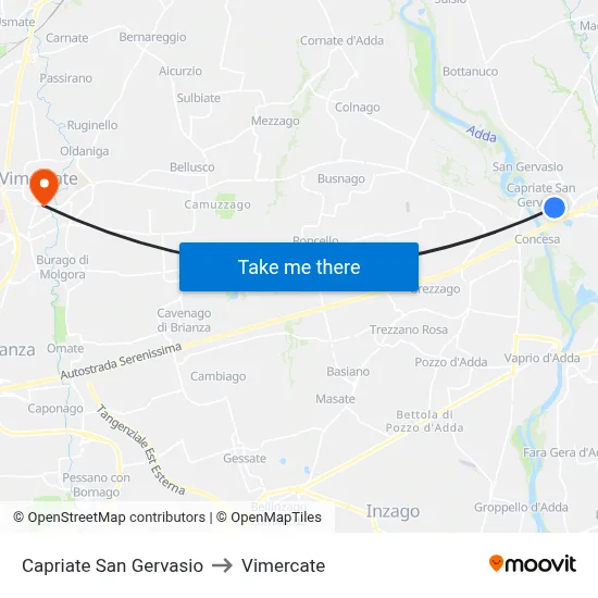 Capriate San Gervasio to Vimercate map