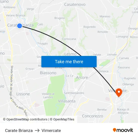 Carate Brianza to Vimercate map