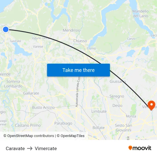 Caravate to Vimercate map