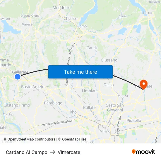 Cardano Al Campo to Vimercate map
