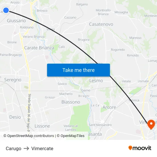Carugo to Vimercate map