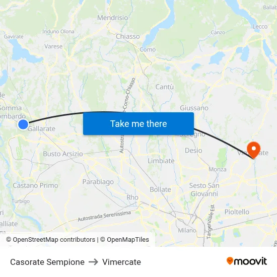 Casorate Sempione to Vimercate map