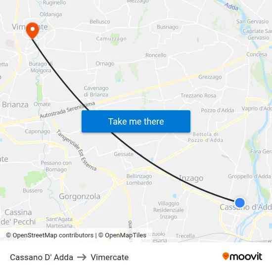 Cassano D' Adda to Vimercate map