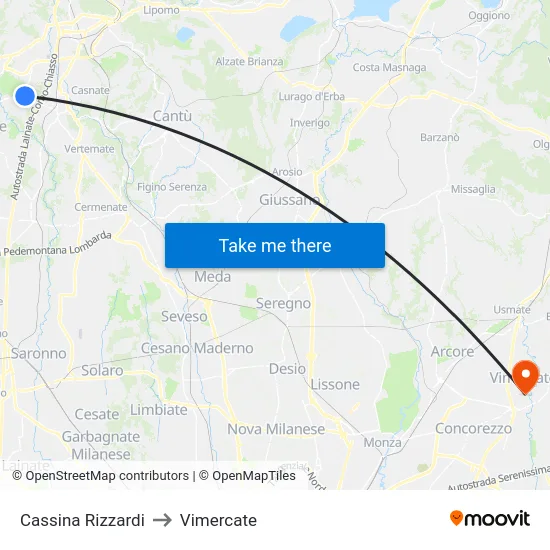 Cassina Rizzardi to Vimercate map