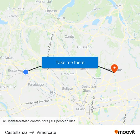 Castellanza to Vimercate map