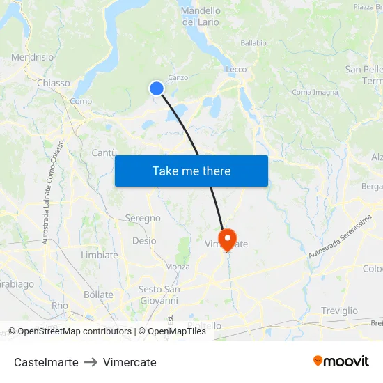 Castelmarte to Vimercate map