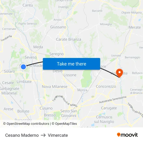 Cesano Maderno to Vimercate map
