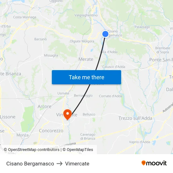 Cisano Bergamasco to Vimercate map