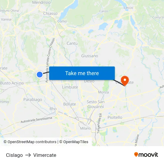 Cislago to Vimercate map