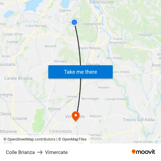 Colle Brianza to Vimercate map