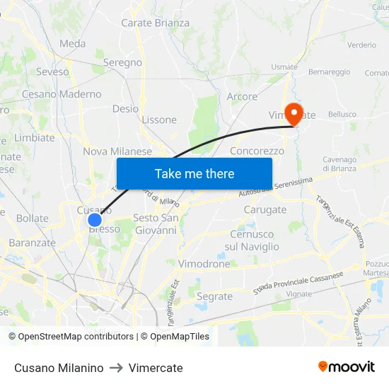 Cusano Milanino to Vimercate map