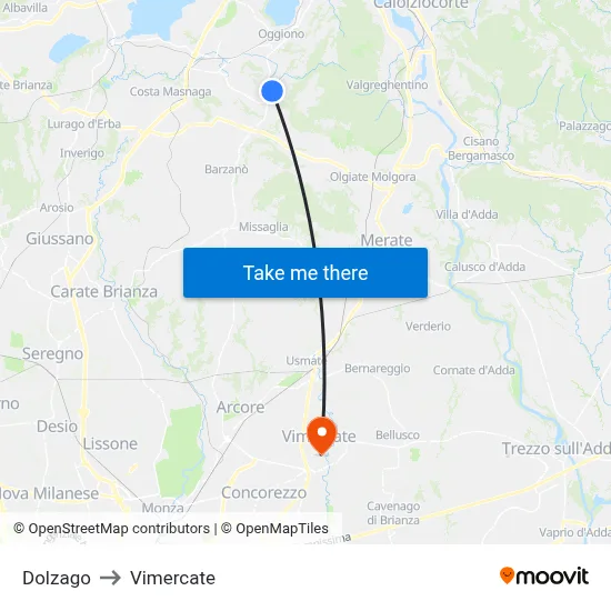 Dolzago to Vimercate map