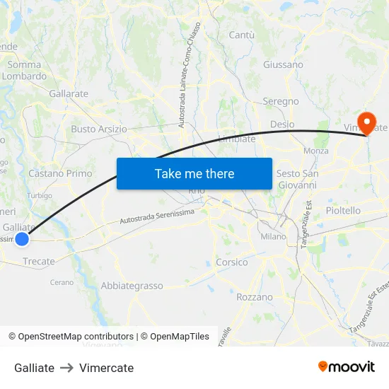 Galliate to Vimercate map