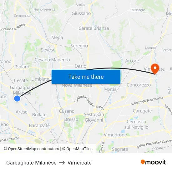 Garbagnate Milanese to Vimercate map