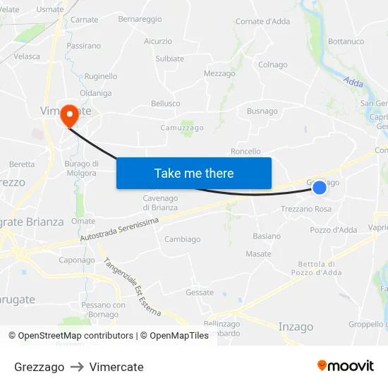 Grezzago to Vimercate map