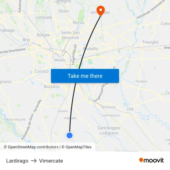 Lardirago to Vimercate map