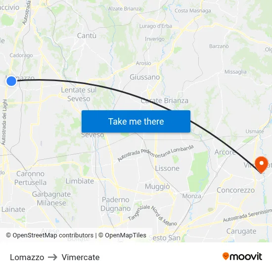 Lomazzo to Vimercate map