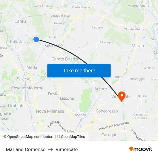 Mariano Comense to Vimercate map