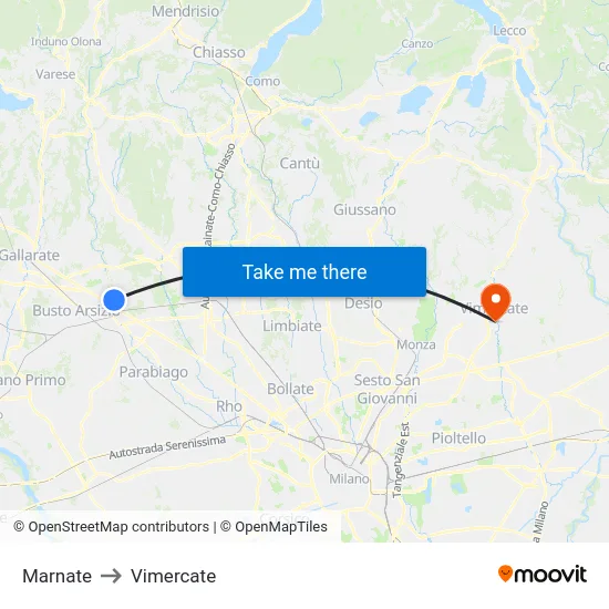 Marnate to Vimercate map