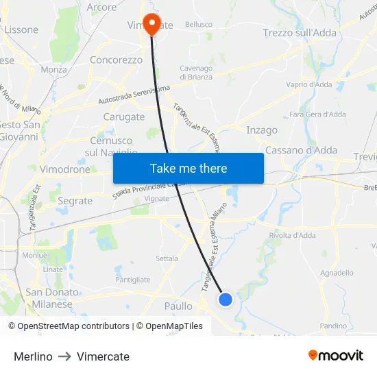 Merlino to Vimercate map