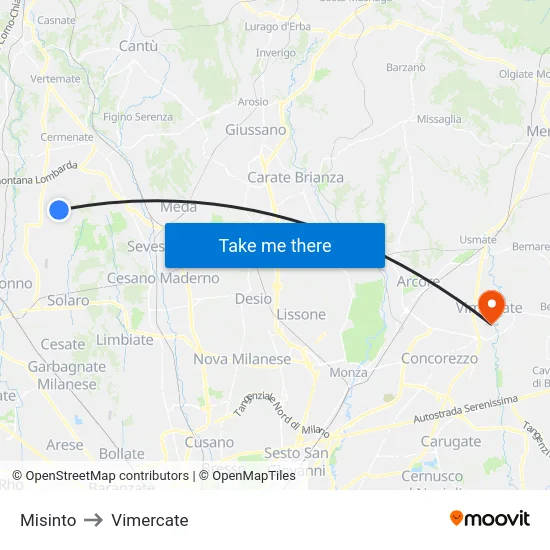 Misinto to Vimercate map