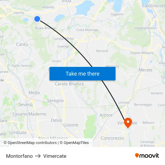 Montorfano to Vimercate map