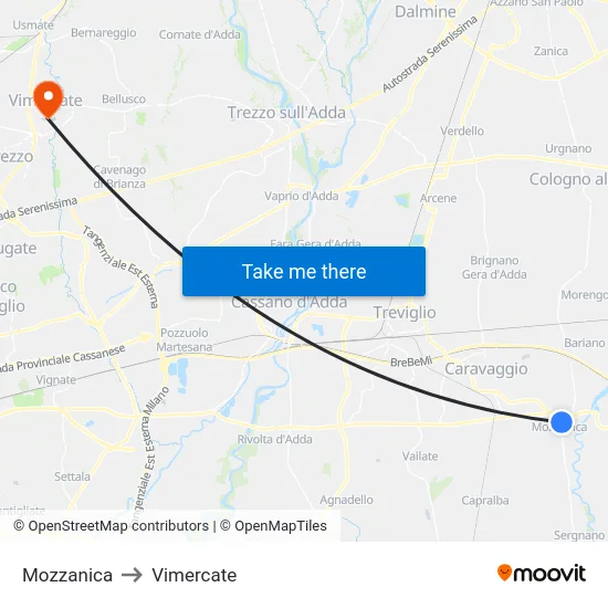 Mozzanica to Vimercate map