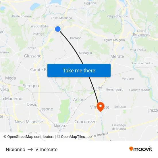 Nibionno to Vimercate map