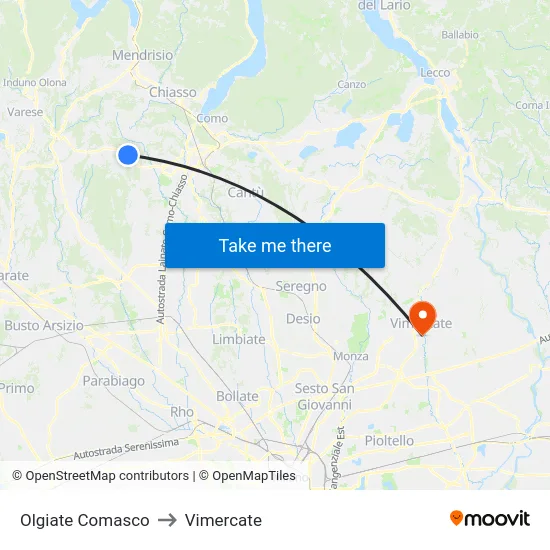 Olgiate Comasco to Vimercate map