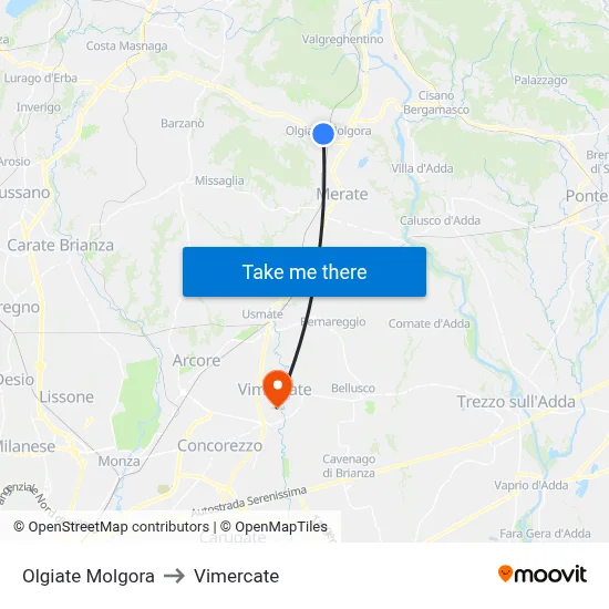 Olgiate Molgora to Vimercate map