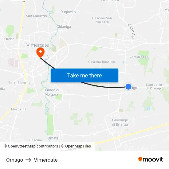 Ornago to Vimercate map