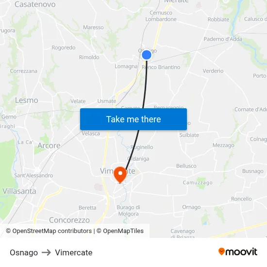 Osnago to Vimercate map