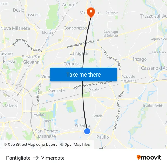 Pantigliate to Vimercate map