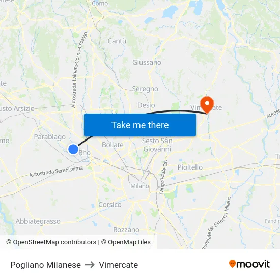Pogliano Milanese to Vimercate map