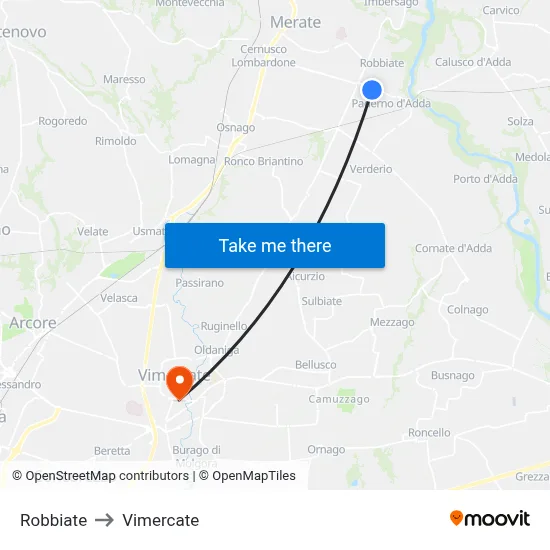 Robbiate to Vimercate map