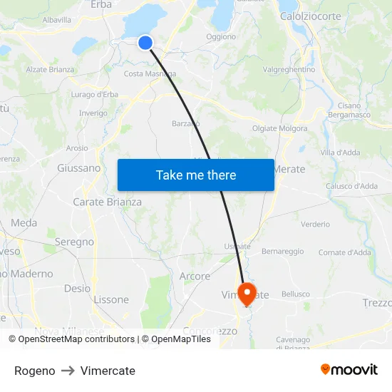 Rogeno to Vimercate map