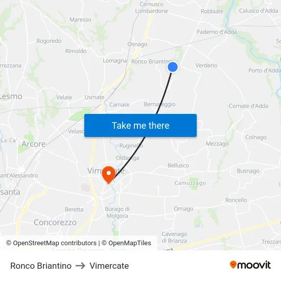 Ronco Briantino to Vimercate map