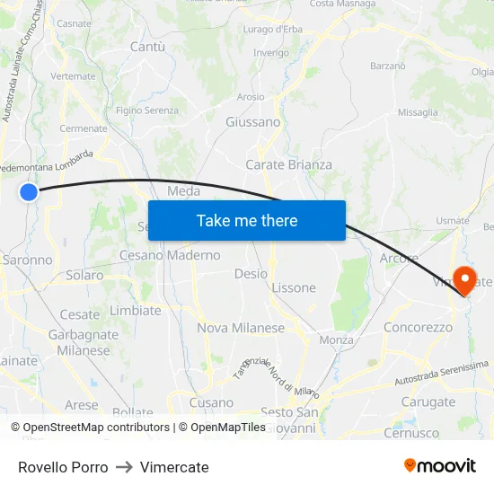 Rovello Porro to Vimercate map