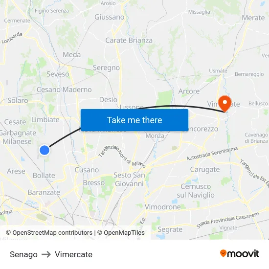 Senago to Vimercate map