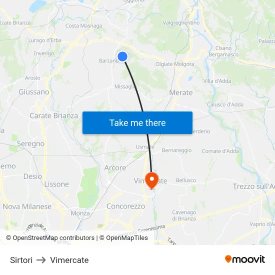 Sirtori to Vimercate map