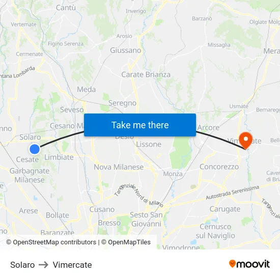 Solaro to Vimercate map