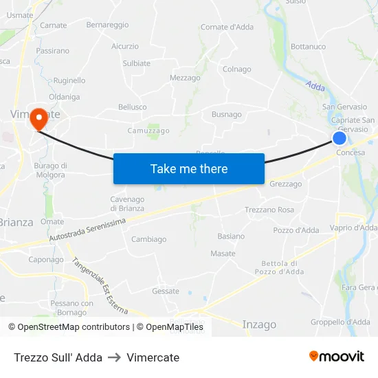Trezzo Sull' Adda to Vimercate map