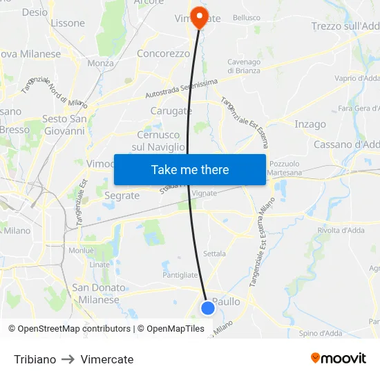 Tribiano to Vimercate map