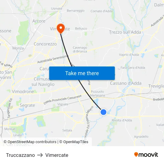 Truccazzano to Vimercate map
