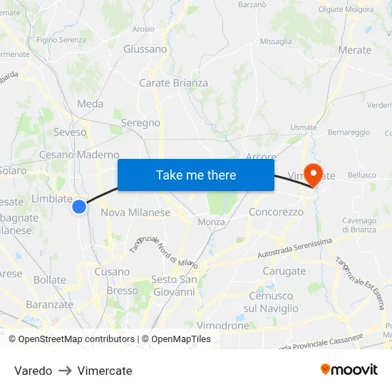 Varedo to Vimercate map