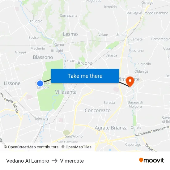 Vedano Al Lambro to Vimercate map
