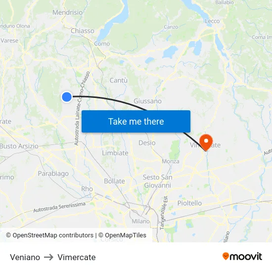 Veniano to Vimercate map