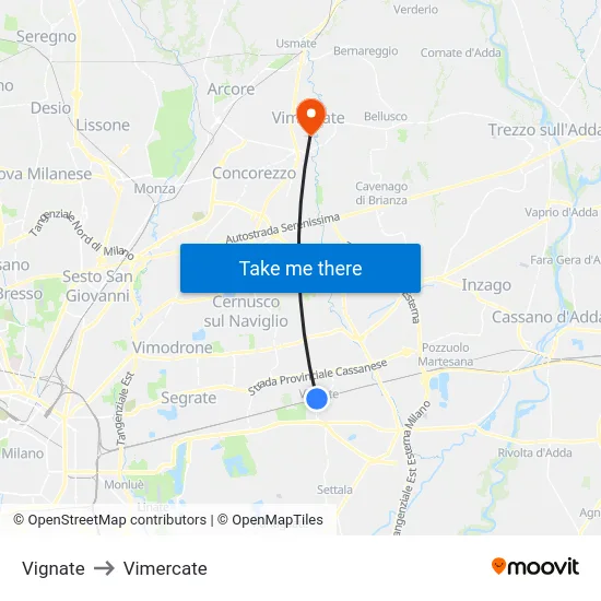 Vignate to Vimercate map